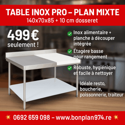 Table de travail inox avec plan mixte – 140x70x85+10 cm