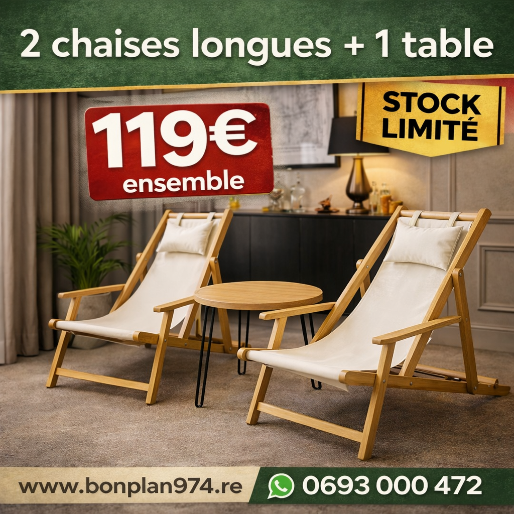 Ensemble de 2 chaises longue + 1 table